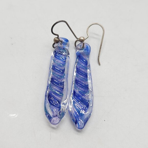 Handcrafted Blue Murano Glass Dangle Earrings With Silver Tone Hooks - Picture 3 of 4